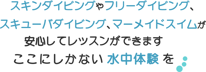 スキンダイビングやフリーダイビング、スキューバダイビング、マーメイドスイムが安心してレッスンが受けられます ここにしかない水中体験を